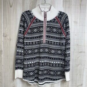 Eddie‎ Bauer Women's Zip Fair Isle Sweater Black Mock Neck Snowflake Large Tall